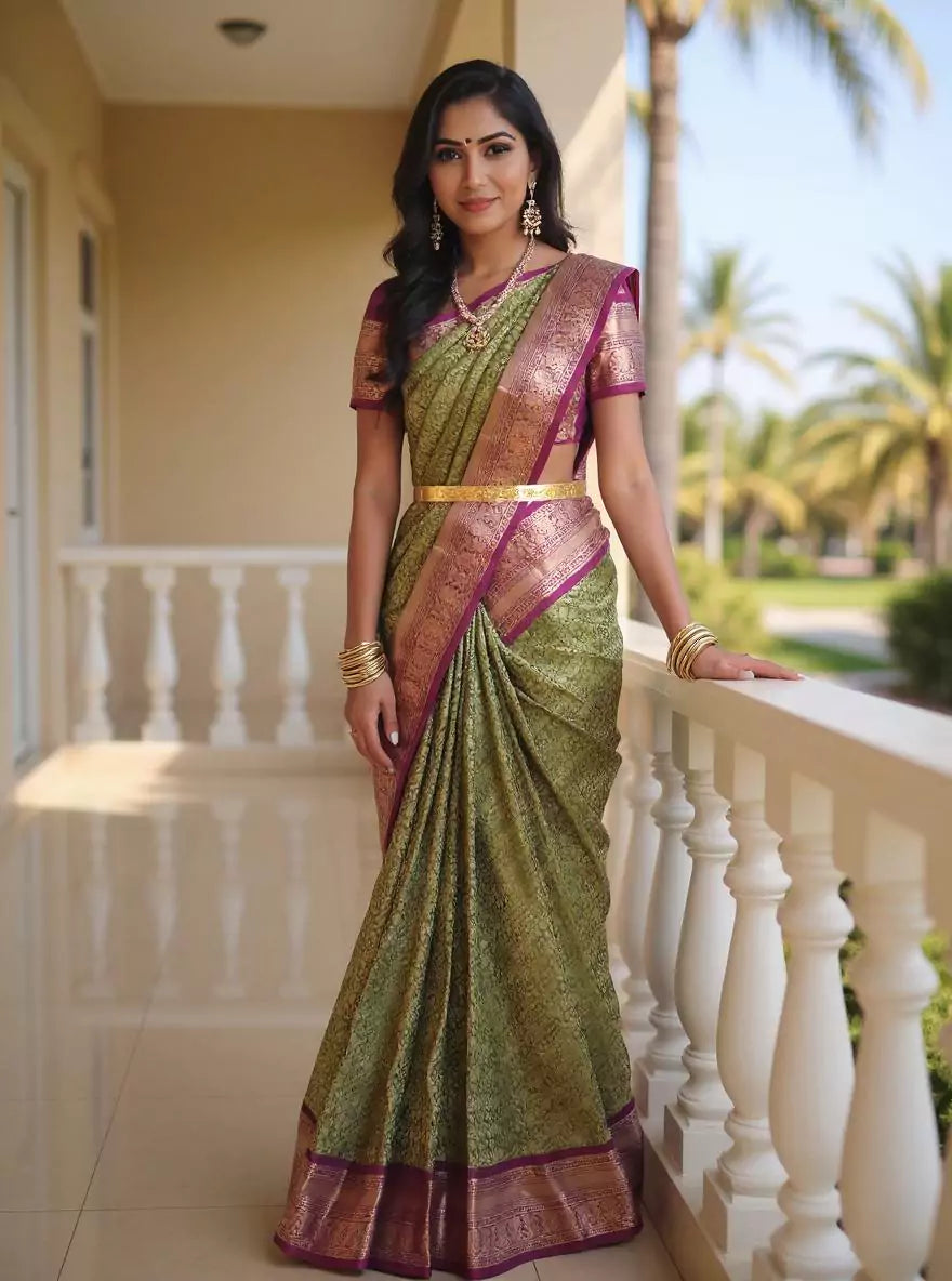 Mehendi Green Floral Golden Zari Kanchi Pattu Saree