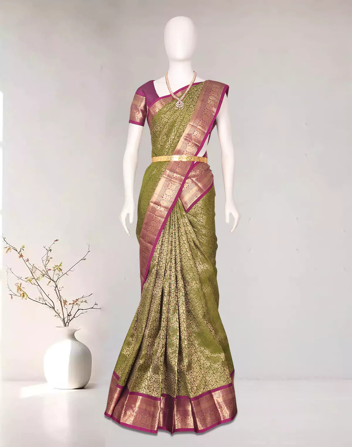Mehendi Green Floral Golden Zari Kanchi Pattu Saree
