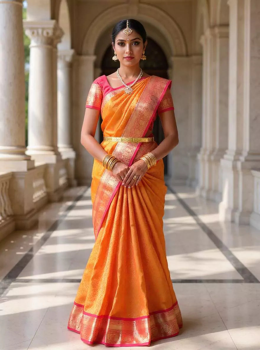 Mustard Floral Golden Zari work Kanchi Pattu Contrast Border Saree with Blouse