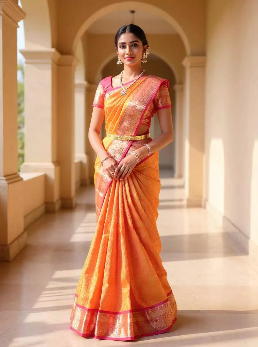 Mustard Floral Golden Zari work Kanchi Pattu Contrast Border Saree with Blouse