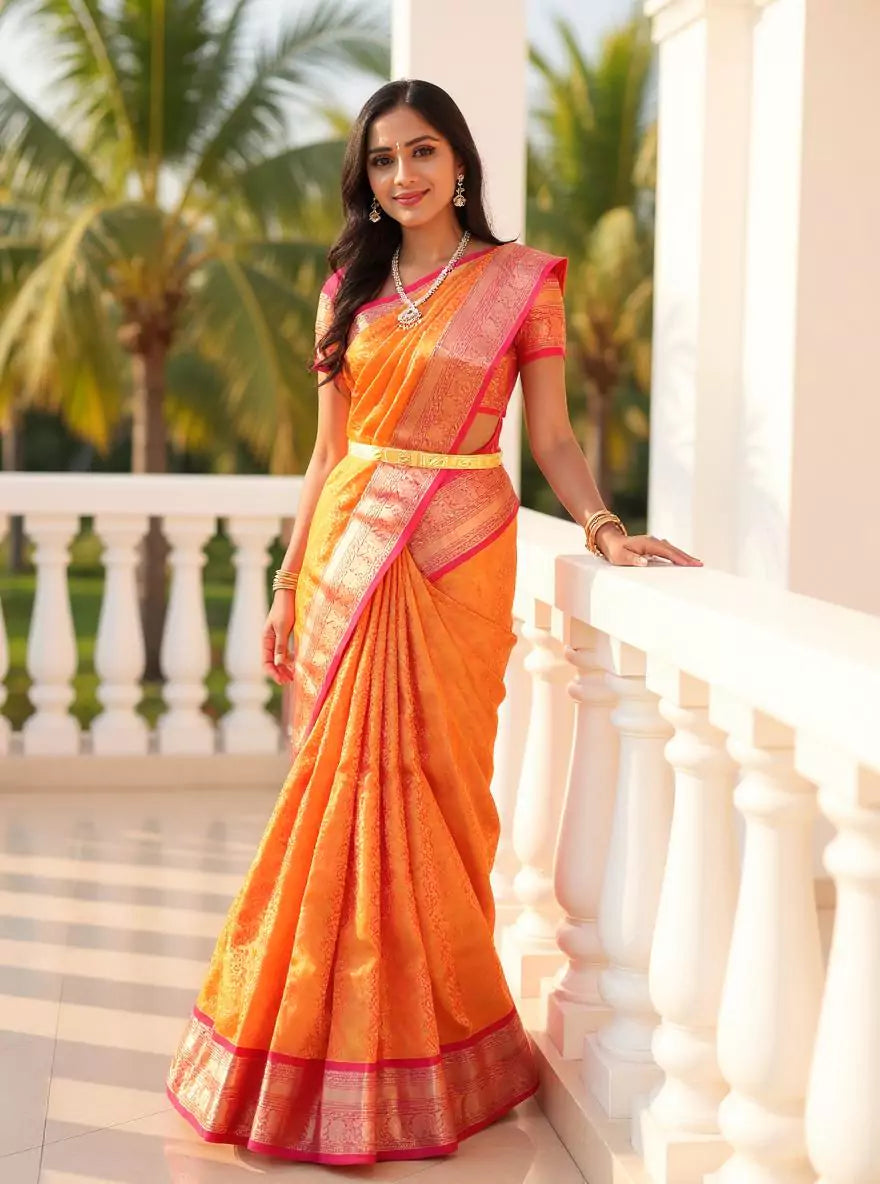 Mustard Floral Golden Zari work Kanchi Pattu Contrast Border Saree with Blouse