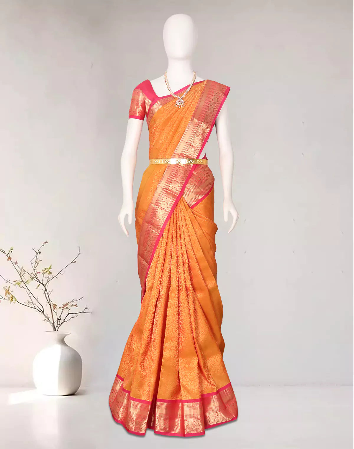 Mustard Floral Golden Zari work Kanchi Pattu Contrast Border Saree with Blouse