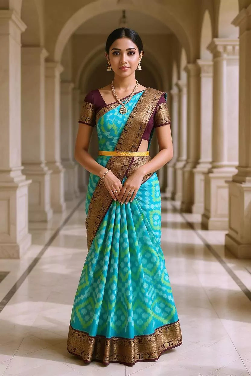 Green Ikat Pure Silk Coimbatore Contrast Border Saree
