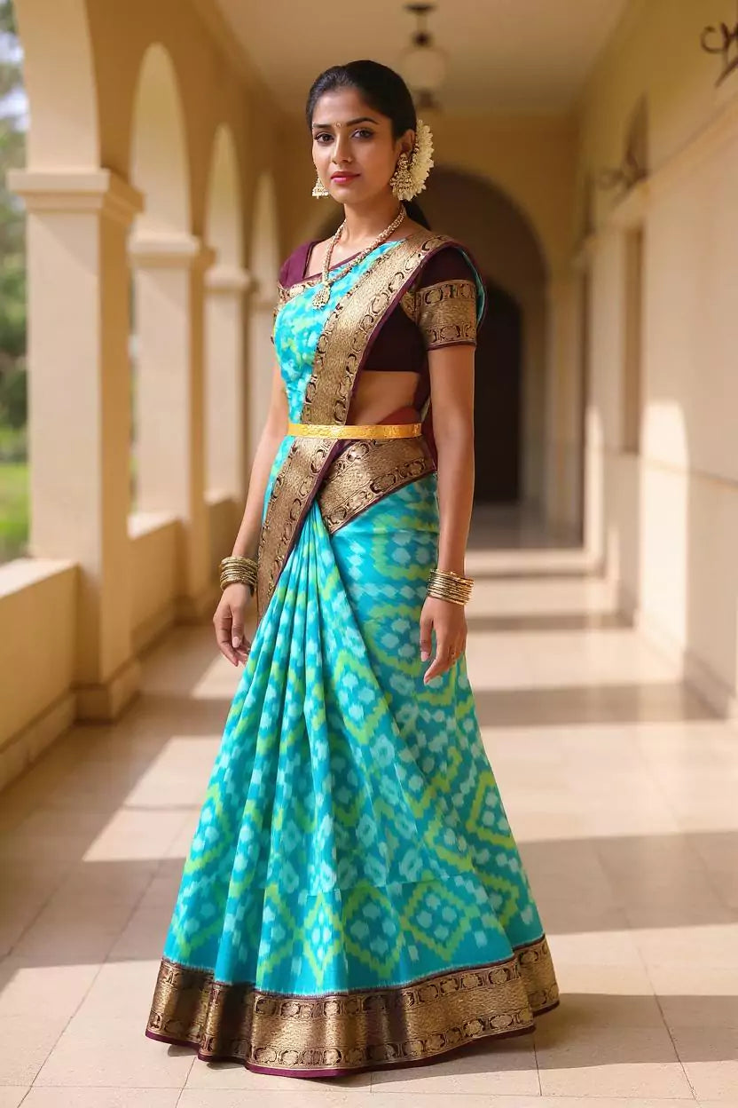 Green Ikat Pure Silk Coimbatore Contrast Border Saree