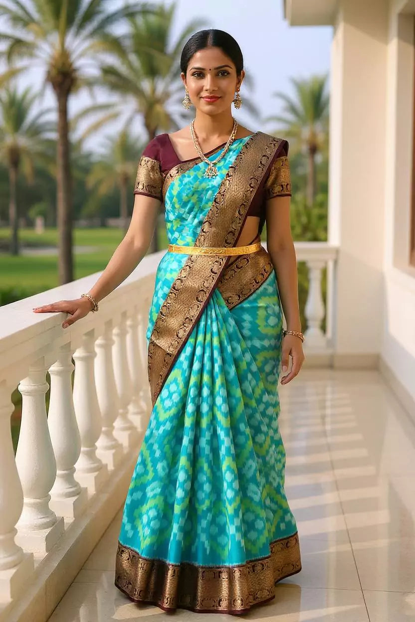 Green Ikat Pure Silk Coimbatore Contrast Border Saree