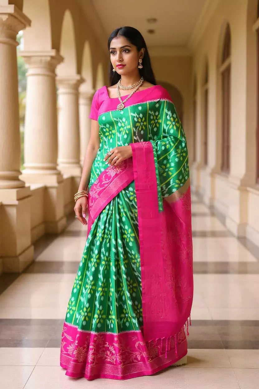 Dark Green Coimbatore Pure Silk Ikat Saree with Tussels