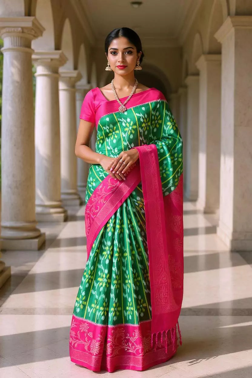 Dark Green Coimbatore Pure Silk Ikat Saree with Tussels