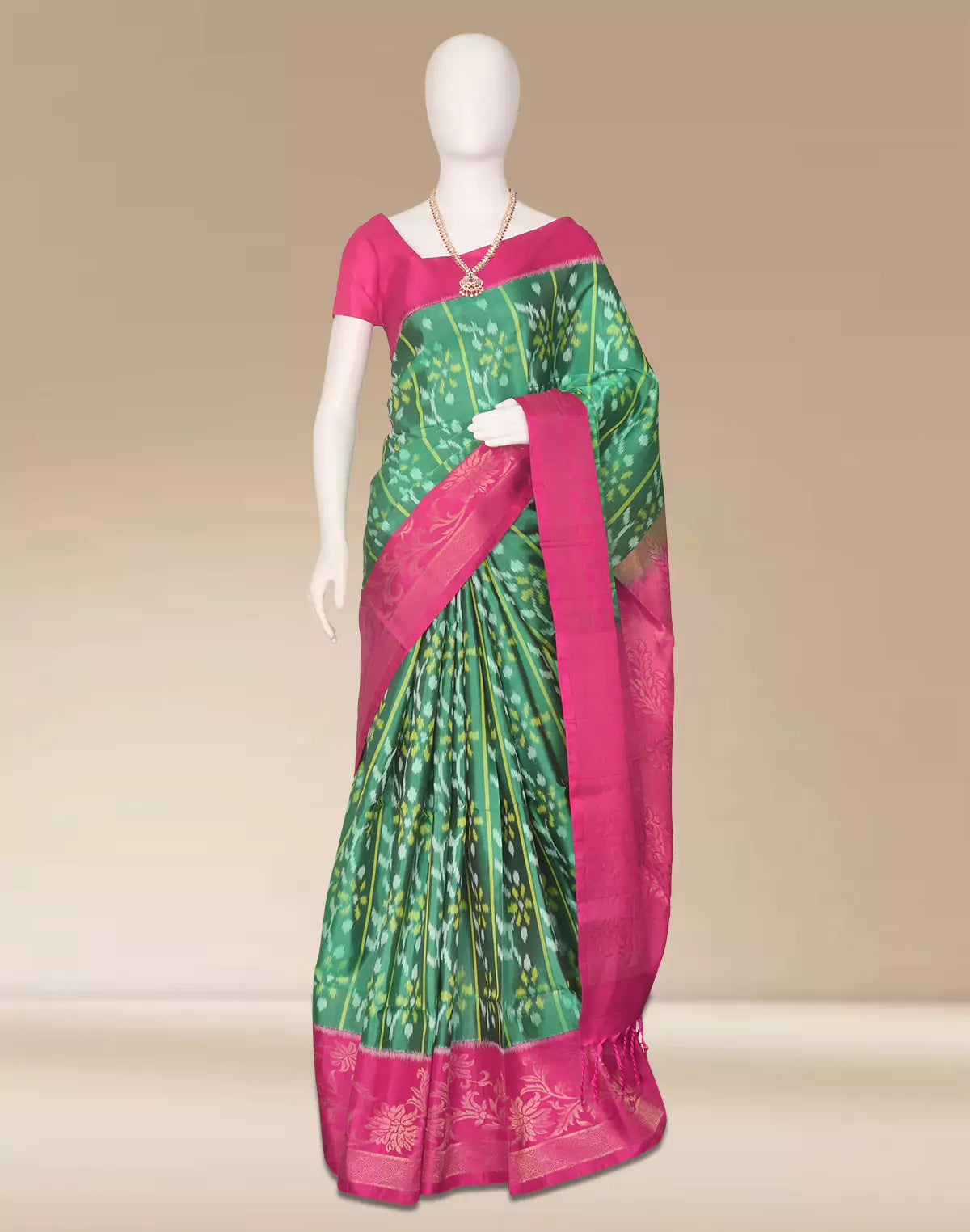 Dark Green Coimbatore Pure Silk Ikat Saree with Tussels