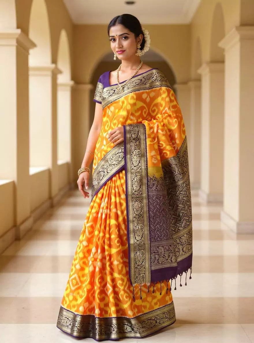 Orange Ikat Coimbatore Pure Silk Contrast Saree