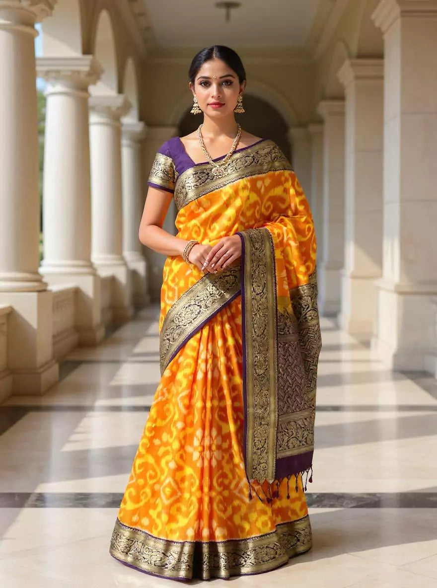 Orange Ikat Coimbatore Pure Silk Contrast Saree