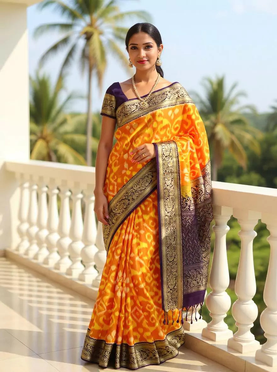 Orange Ikat Coimbatore Pure Silk Contrast Saree