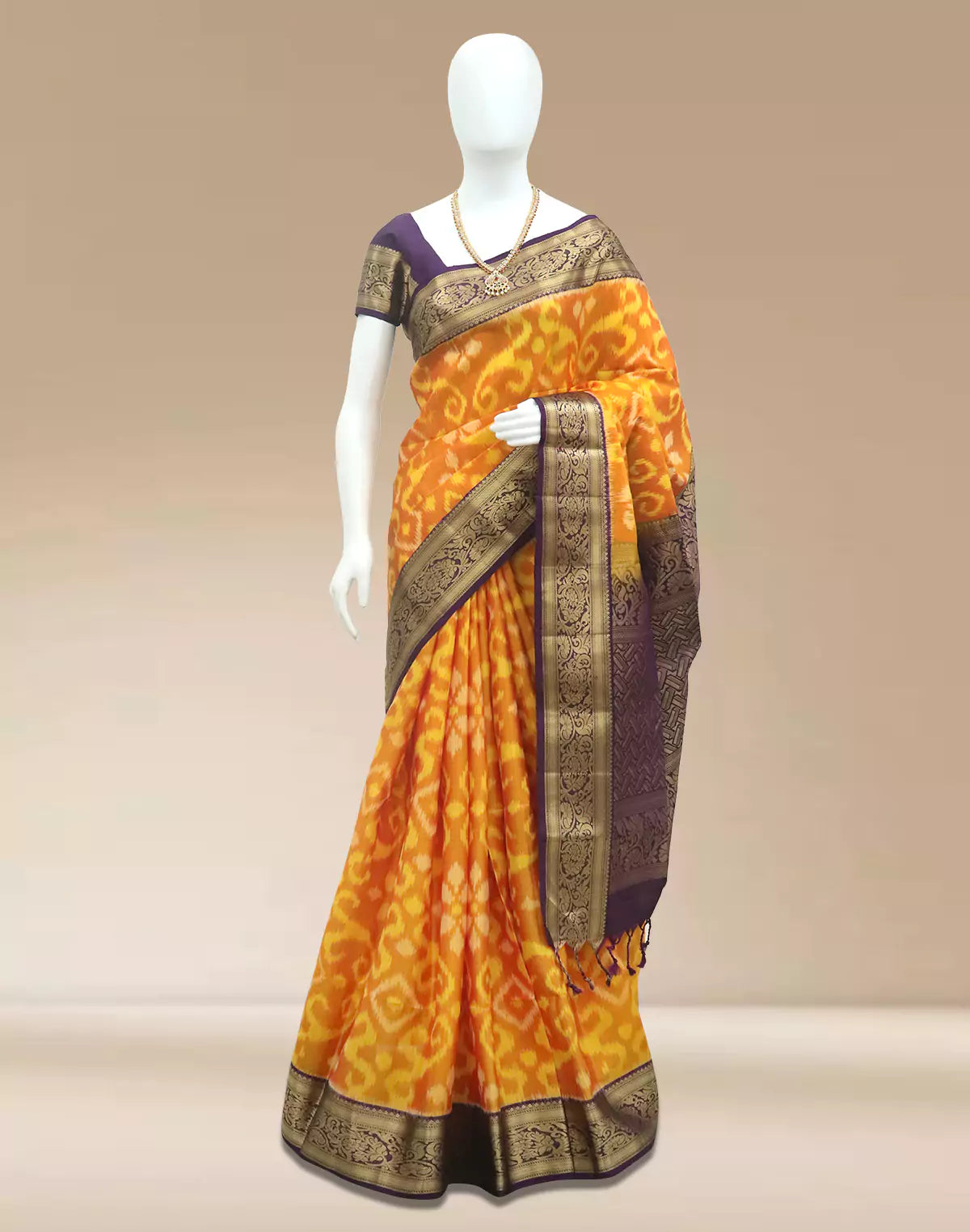 Orange Ikat Coimbatore Pure Silk Contrast Saree