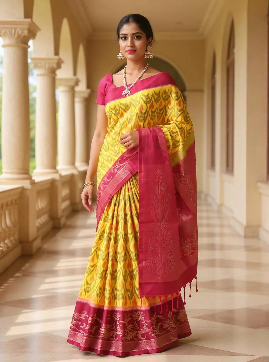 Lemon Yellow Coimbatore Pure Silk Ikat Saree with Tussels