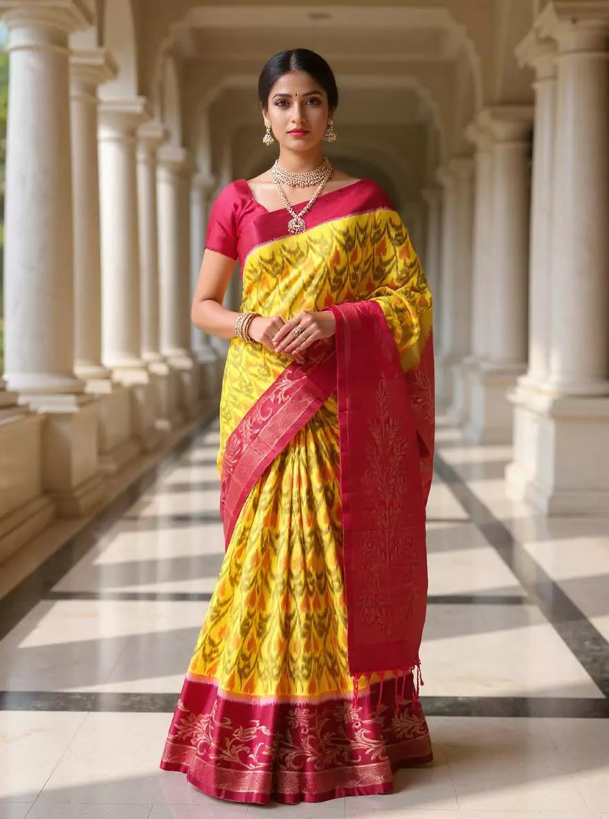 Lemon Yellow Coimbatore Pure Silk Ikat Saree with Tussels