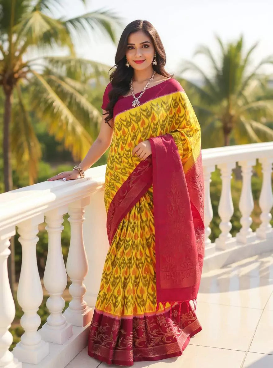 Lemon Yellow Coimbatore Pure Silk Ikat Saree with Tussels