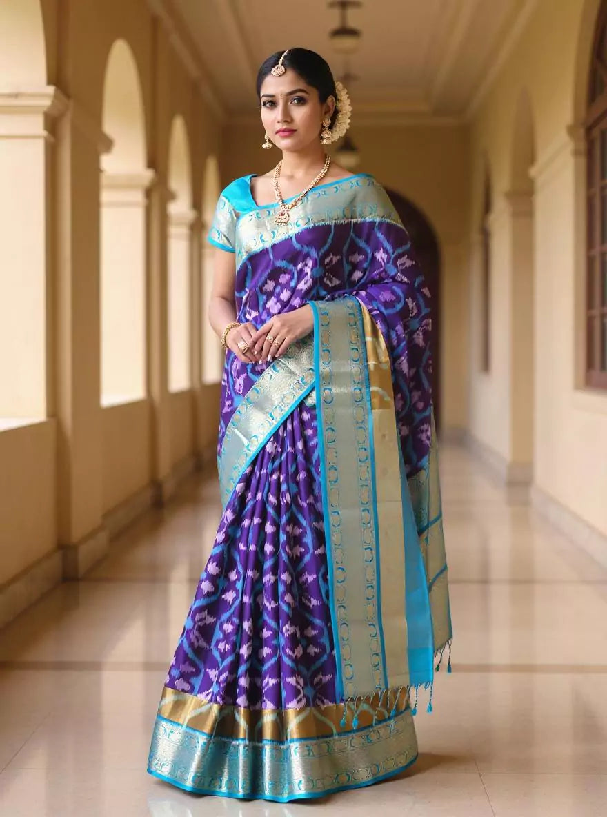 Ethereal Royal Blue Ikat Coimbatore Pure Silk Saree