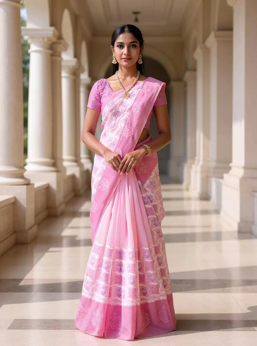 Floral Hand Print Light Pink Tussar Jute Saree