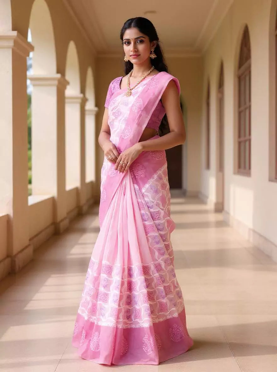 Floral Hand Print Light Pink Tussar Jute Saree
