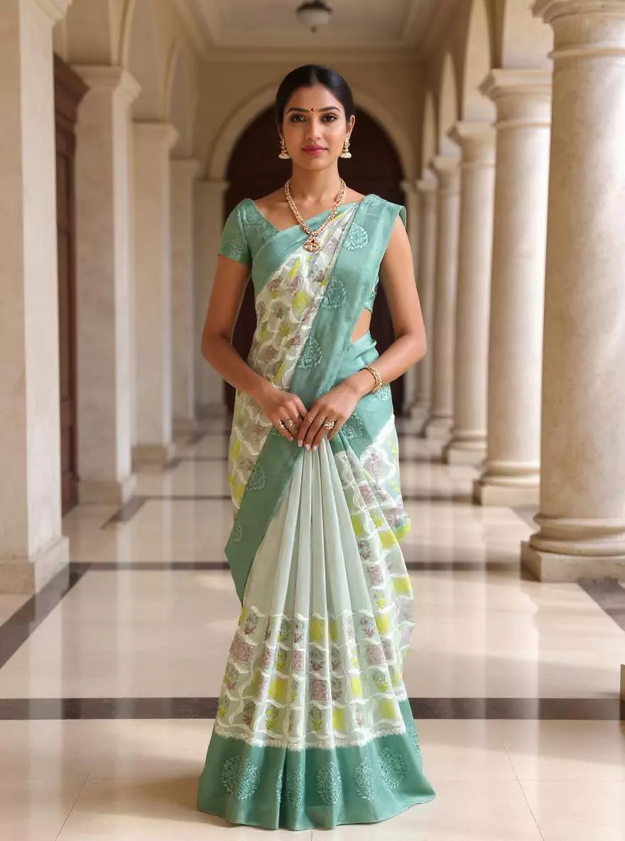 Light Grey Floral Hand Print Tussar Jute Saree