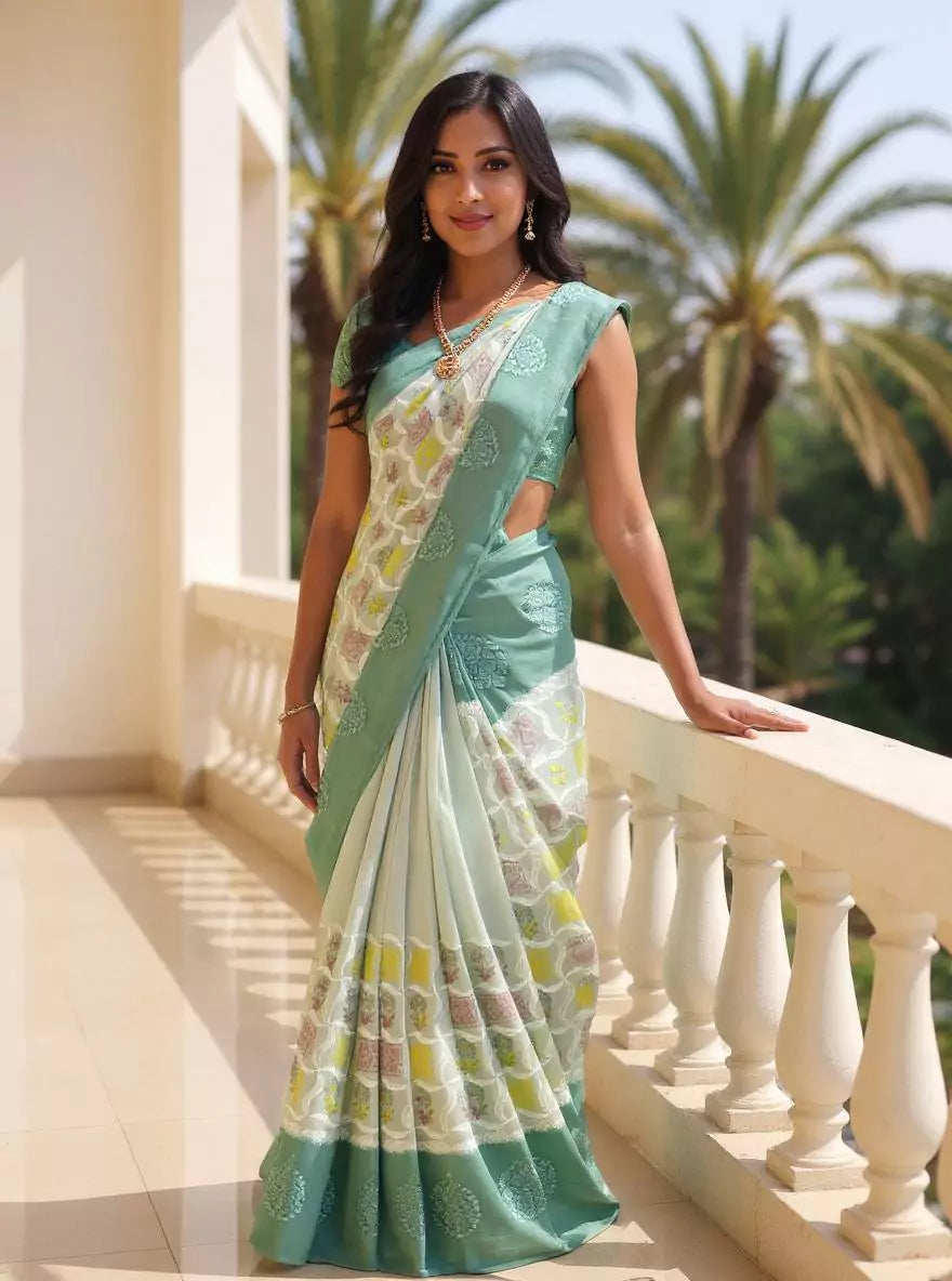 Light Grey Floral Hand Print Tussar Jute Saree