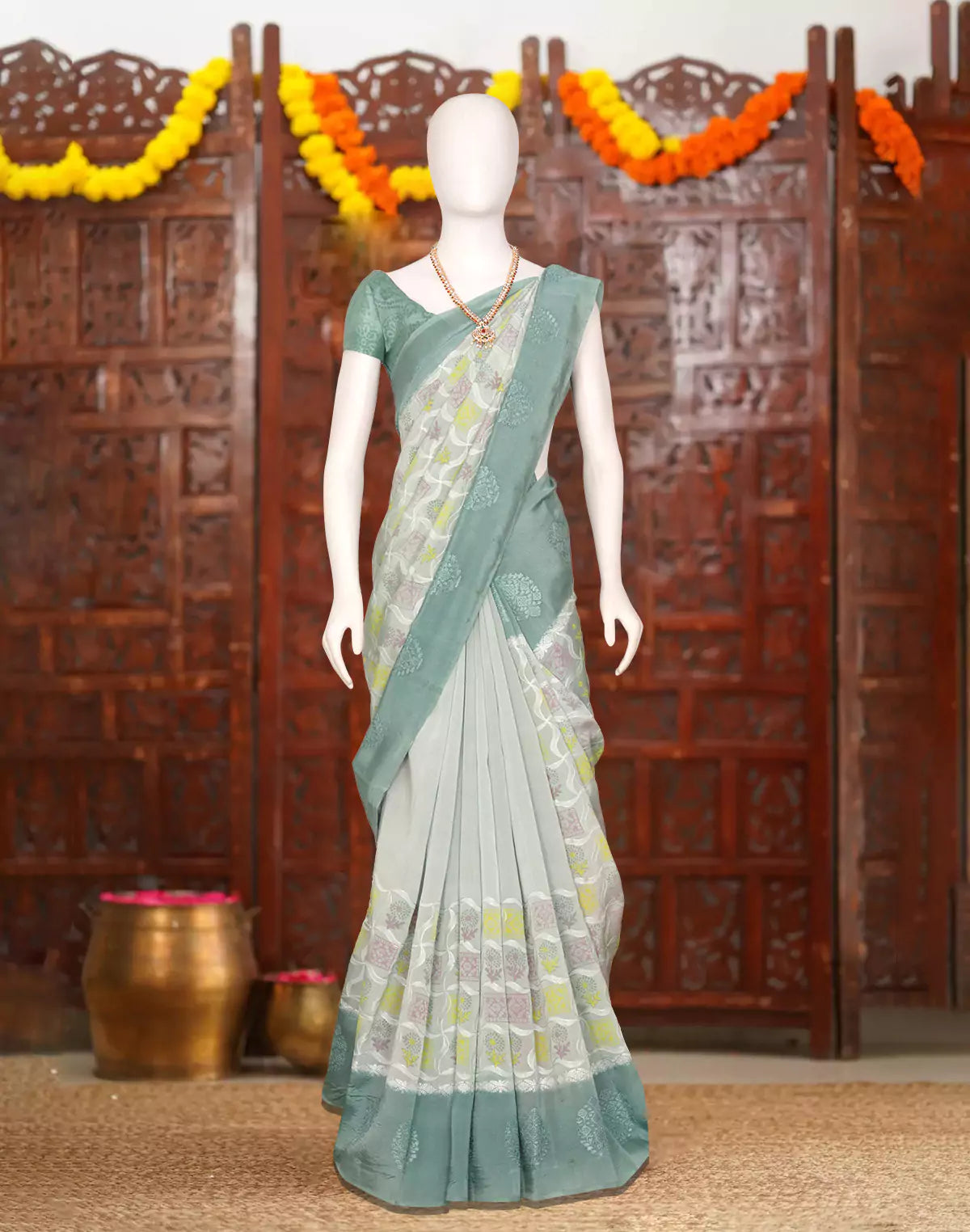 Light Grey Floral Hand Print Tussar Jute Saree