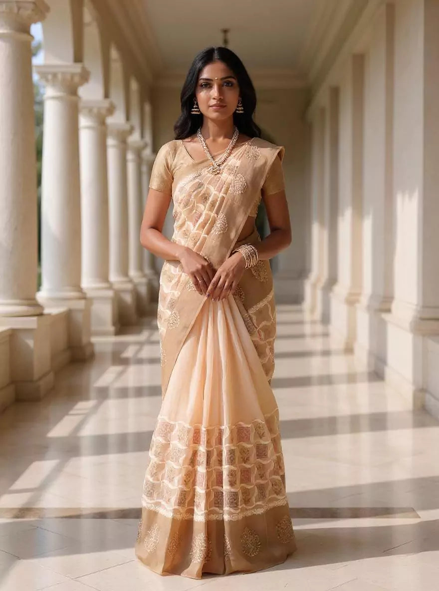 Beige Floral Hand Print Tussar Jute Saree