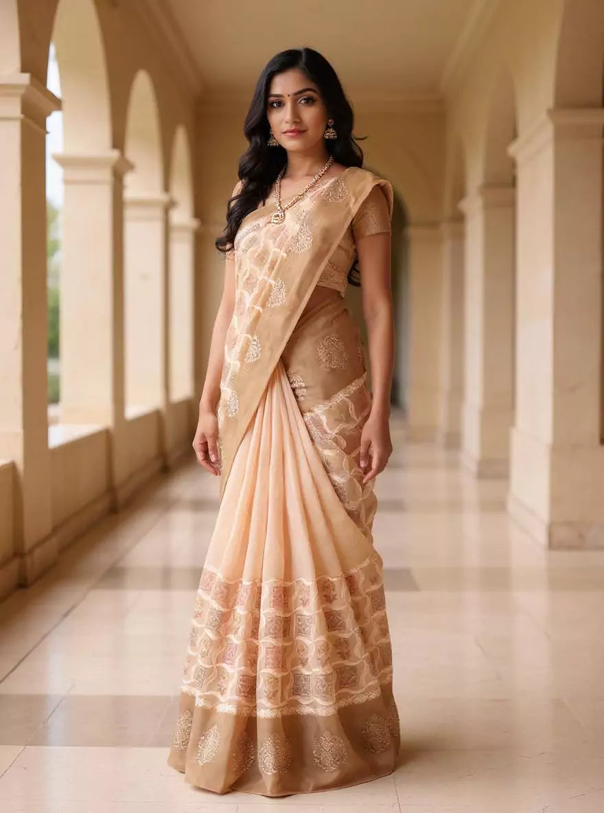 Beige Floral Hand Print Tussar Jute Saree
