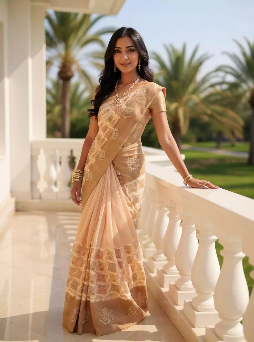 Beige Floral Hand Print Tussar Jute Saree
