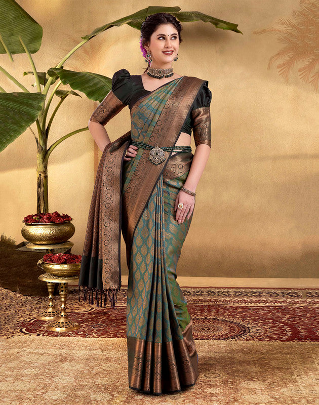 Green woven design Copper Zari Soft Banaras Silk Saree