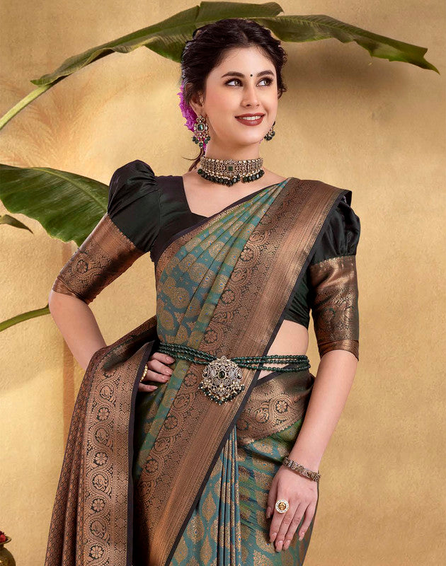 Green woven design Copper Zari Soft Banaras Silk Saree