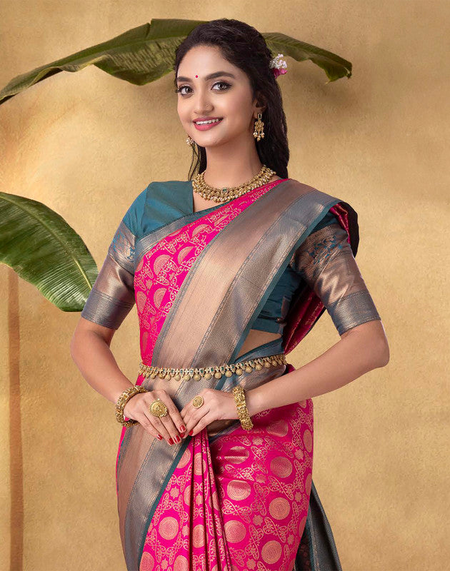 Extraordinary Pink Floral Soft Banaras Skut Border Saree