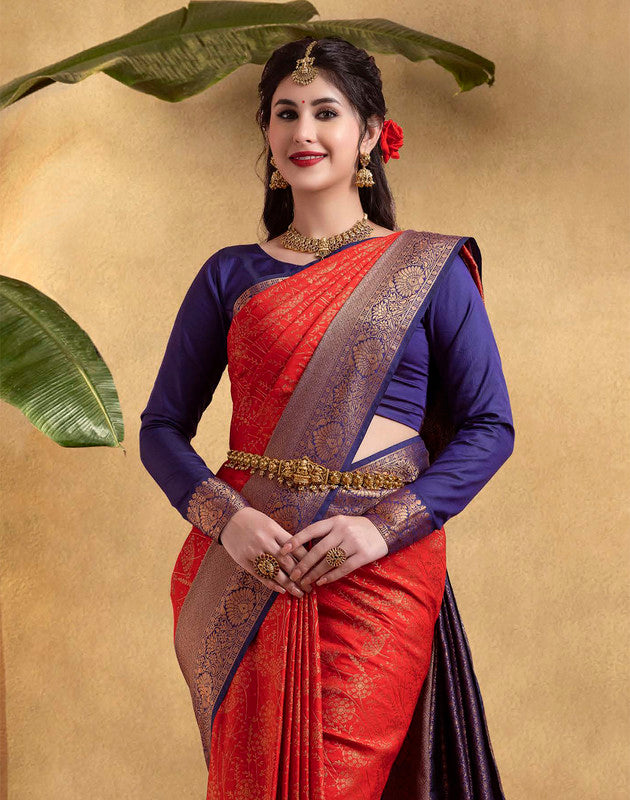 Red and Blue Coloured Soft Banaras Fancy Saree
