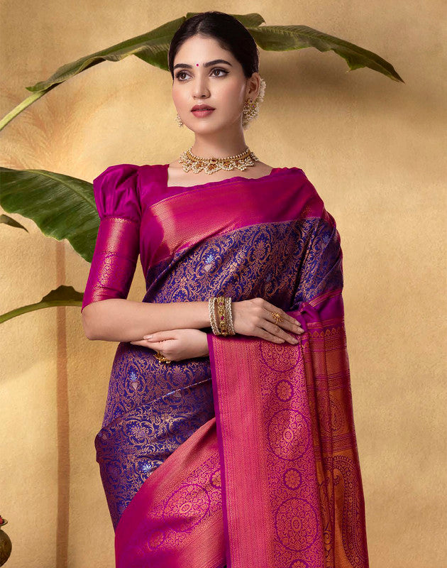 Stunning Royal Blue Floral design Soft Banaras Saree