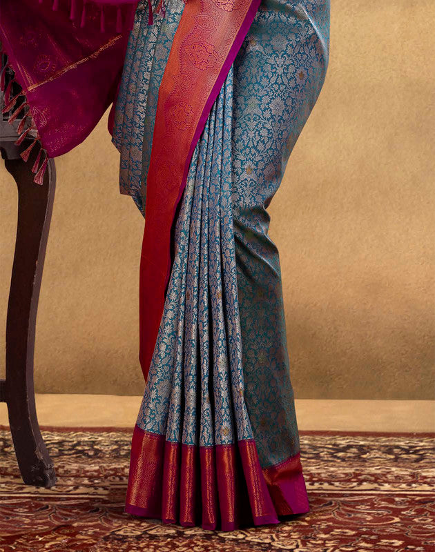 Gorgeous Peacock Blue Floral Soft Banaras Silk Saree
