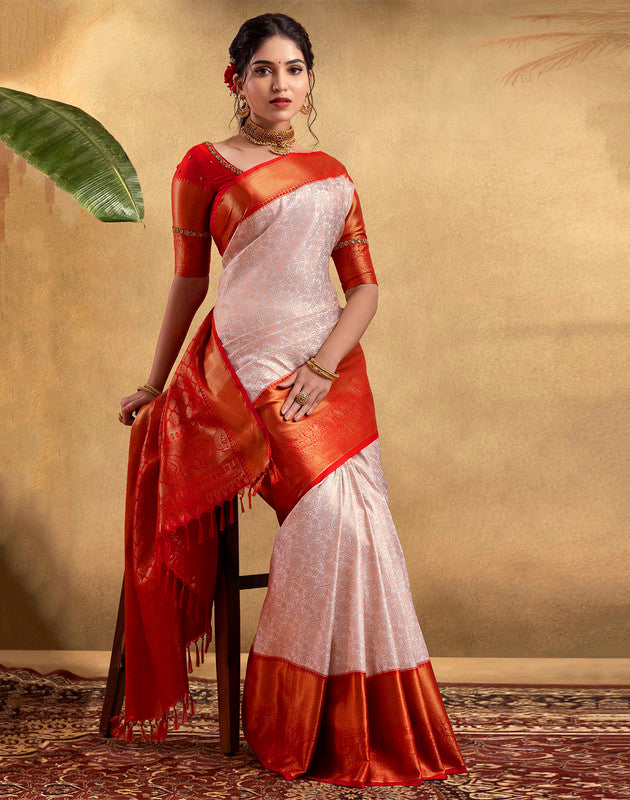 Elegant Cream Coloured Soft Banaras Fancy Contrast Border Saree