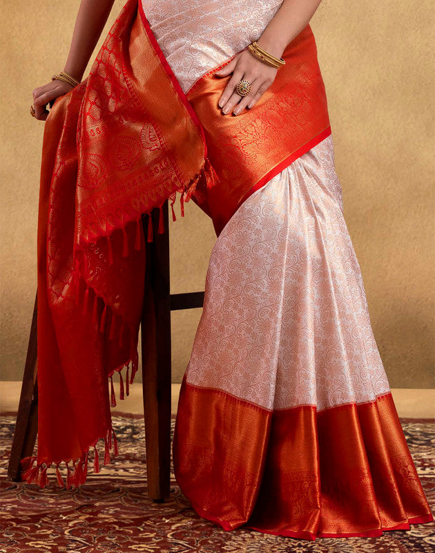 Elegant Cream Coloured Soft Banaras Fancy Contrast Border Saree
