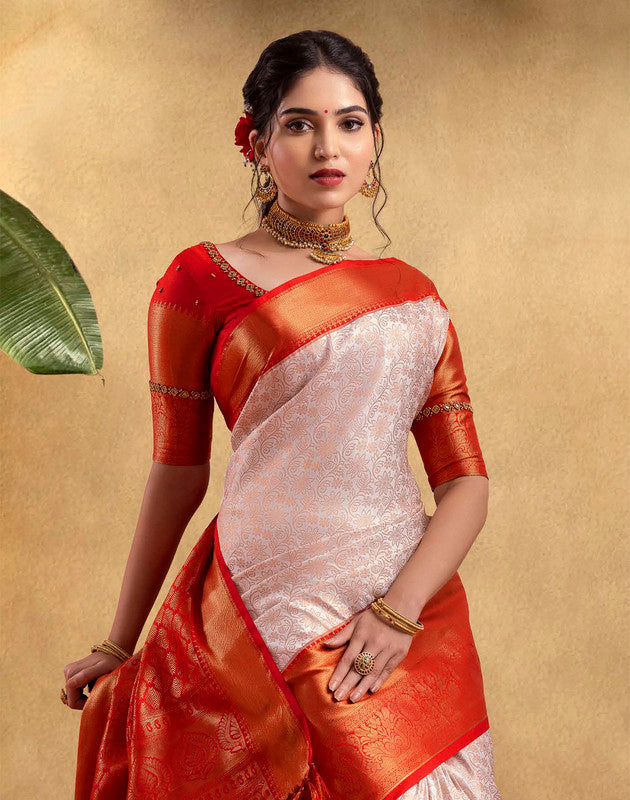 Elegant Cream Coloured Soft Banaras Fancy Contrast Border Saree