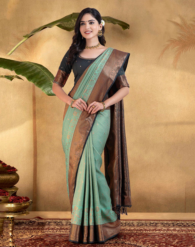 Attractive Sea Green Copper Zari Soft Banaras Fancy Saree
