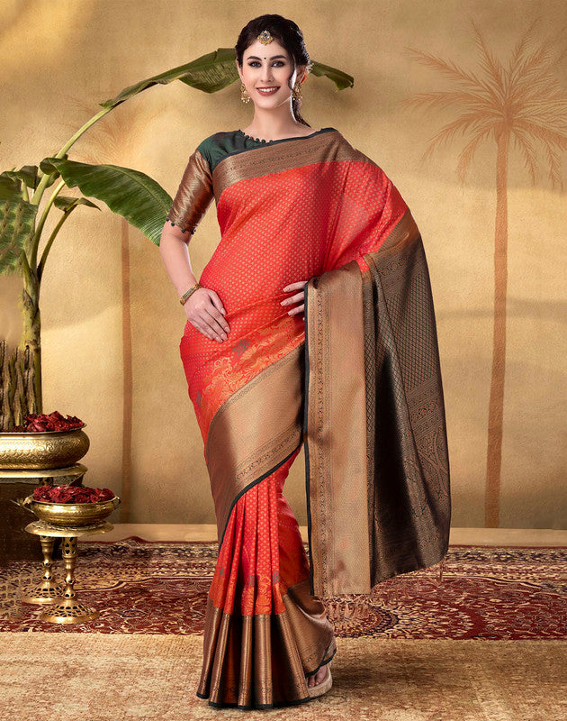 Orange Coloured Copper Zari Border Soft Banaras Silk Saree