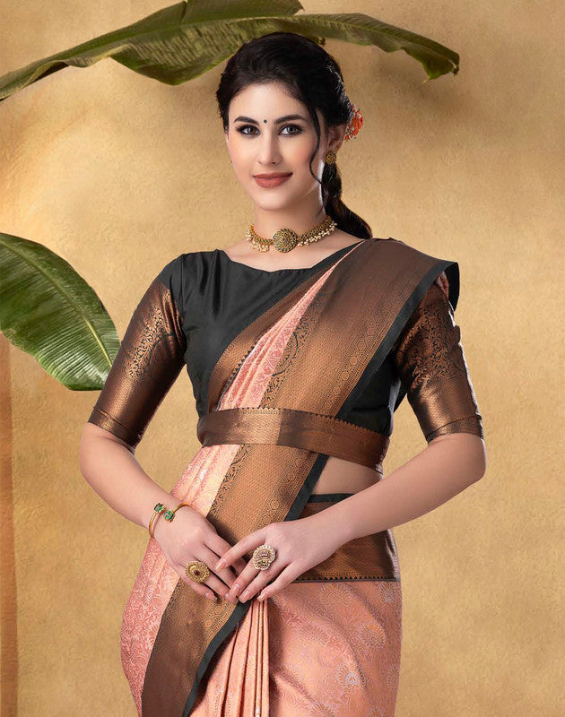 Light Peach Soft Banaras Silk Copper Zari Contrast Border Saree