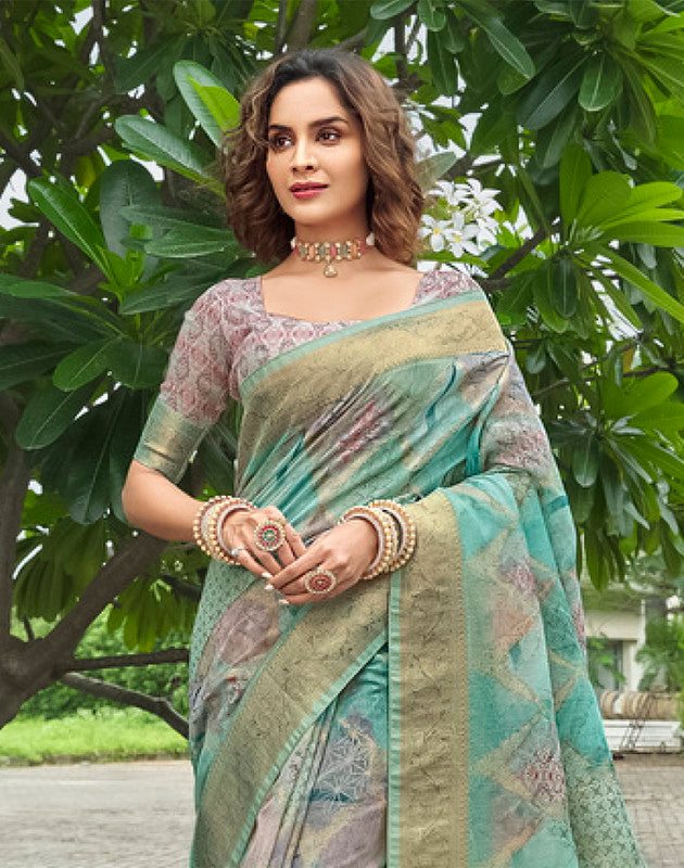 Beautiful Sea Green Floral Designer Jute Saree