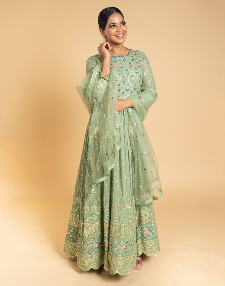 Pastel Green Floral Embellished Work Georgette Long Dress With Dupatta