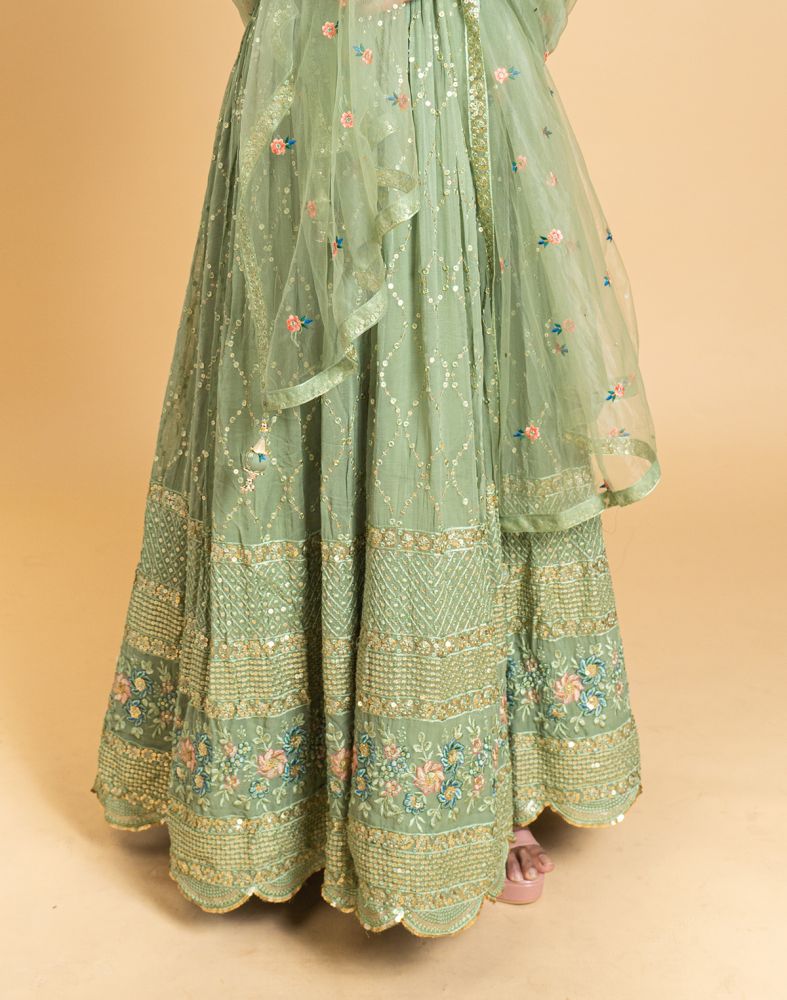 Pastel Green Floral Embellished Work Georgette Long Dress With Dupatta