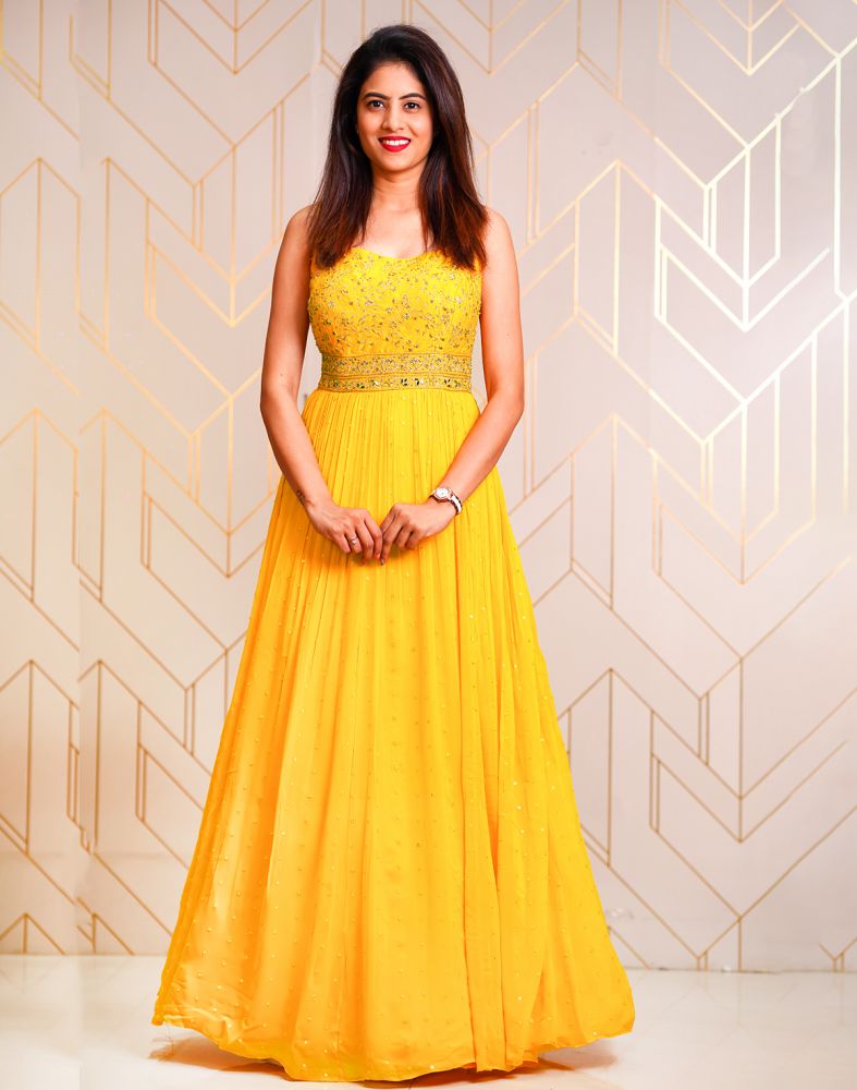 Elegant Yellow Embellished Work Georgette Dress Gown Elegant Yellow Embellished Work Georgette Dress Gown