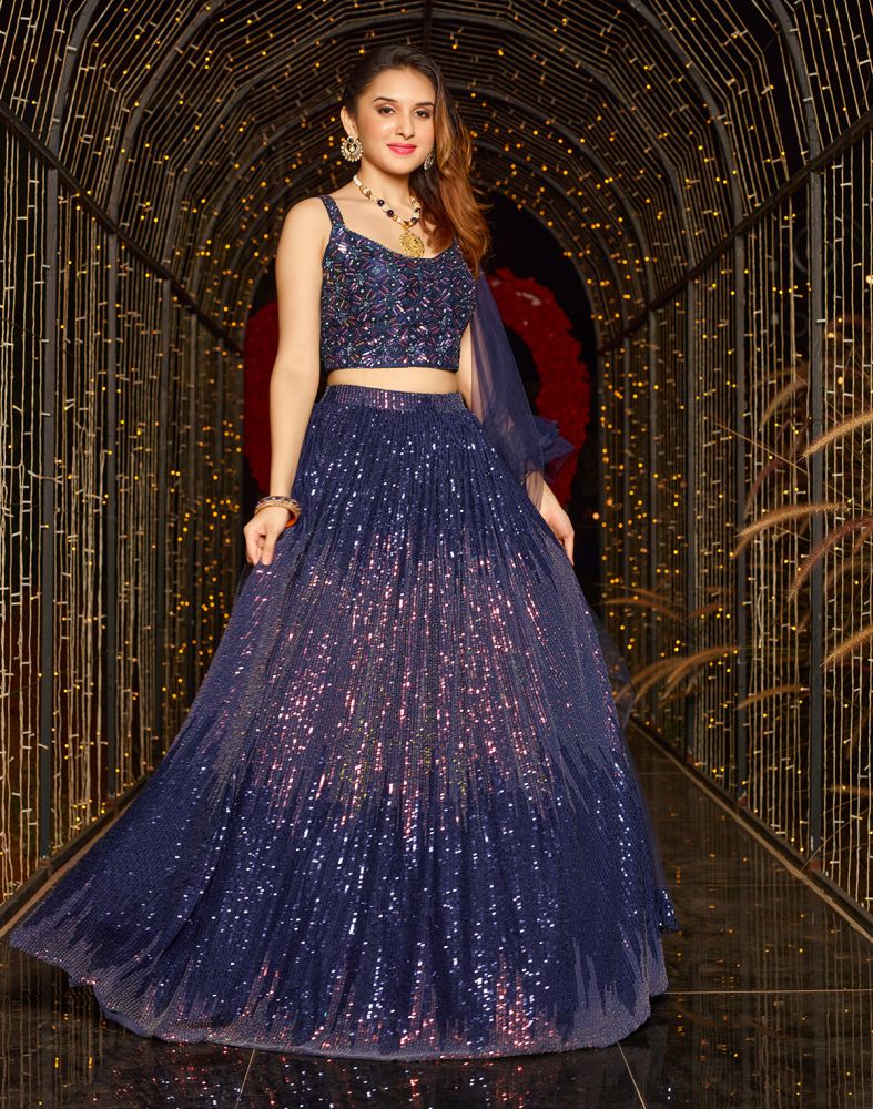Designer Navy Blue Sequence work Netted Crop Top and Lehenga Set