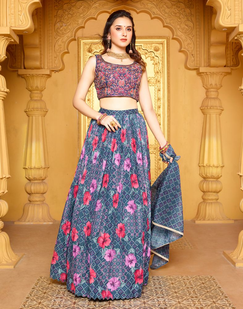 Beautiful Navy Blue Floral Silik Beads work Crop Top and Lehenga Set