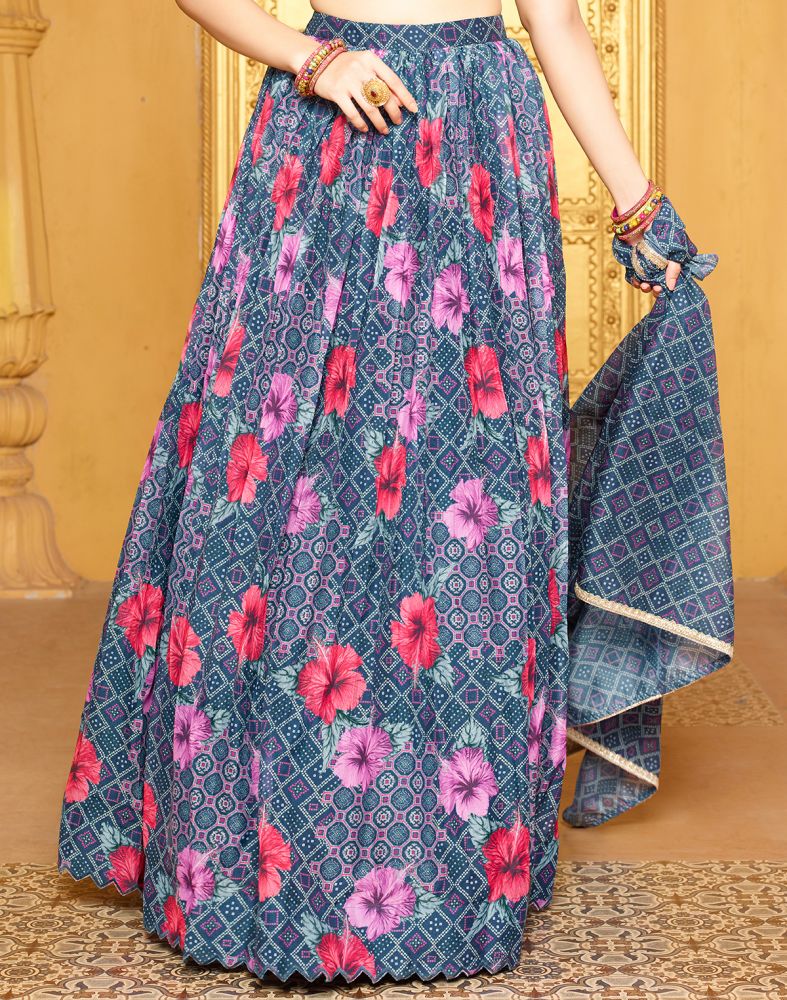 Beautiful Navy Blue Floral Silik Beads work Crop Top and Lehenga Set