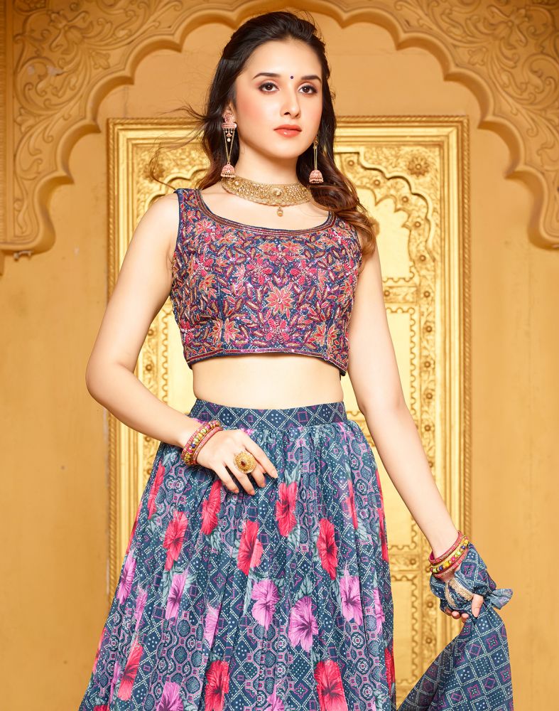 Beautiful Navy Blue Floral Silik Beads work Crop Top and Lehenga Set