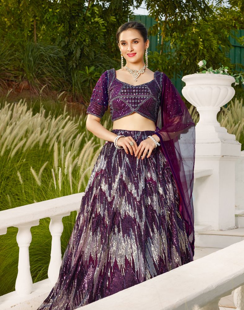 Designer Wine Coloured Netted Embellished work Crop Top and Lehenga Set