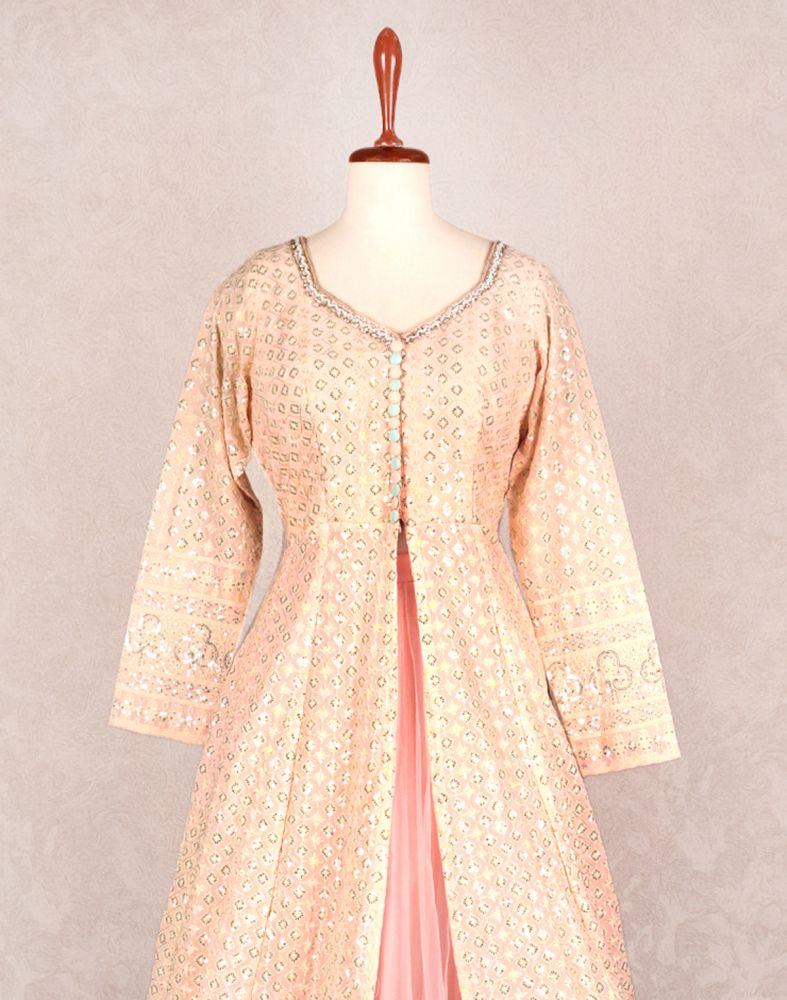 Designer Peach colour Geometric Chikankari Georgette Crop Top and lehenga set